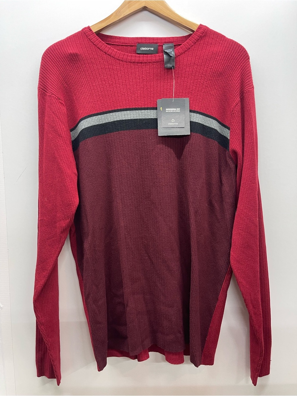 Claiborne Red and Burgundy Stripe Crewneck Sweater